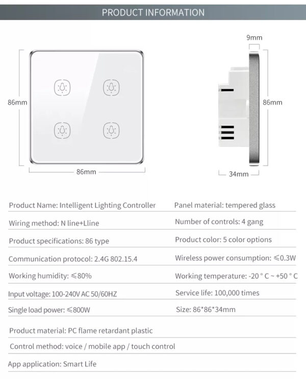 Smart Light Switch 4gang Wi-Fi N+Lline EU/UK 4 gang smart switch - Image 18